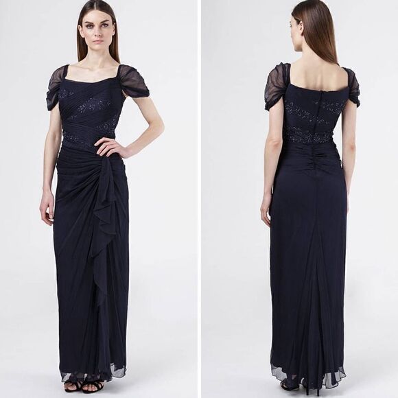 NEW Tadashi Shoji Navy Silk Beaded Maxi Formal Dress Size 8 - Picture 1 of 9